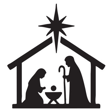 Black silhouette of a traditional Christmas nativity scene featuring Mary, Joseph with a shepherd staff, and baby Jesus in a manger under the Bethlehem star. Minimalist Christian religious holiday ico