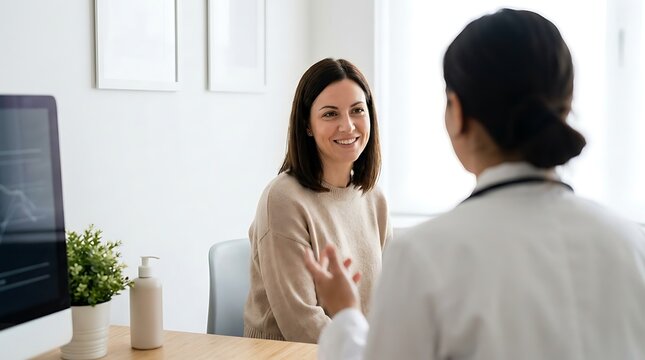 Woman smiling during professional doctor appointment with cream beige neutral tones in clinic office for regular health checkup consultation and medical advice.