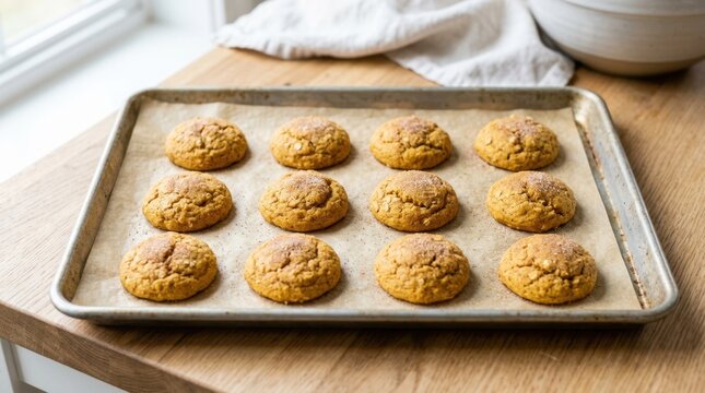 Freshly baked pumpkin cookies on a baking sheet lined with parchment paper. Homemade autumn treats