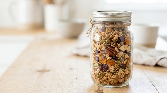 Pumpkin spice granola in a glass jar on a wooden table. Homemade breakfast cereal