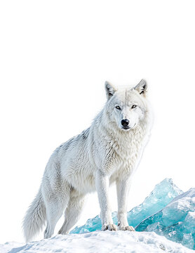 Majestic White Arctic Wolf Standing on Snow and Blue Ice Isolated on White Background
