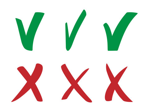 Doodle approval and rejection symbols for feedback, checklist and interface design. Wrong and correct answers, approval, rejection and decision making