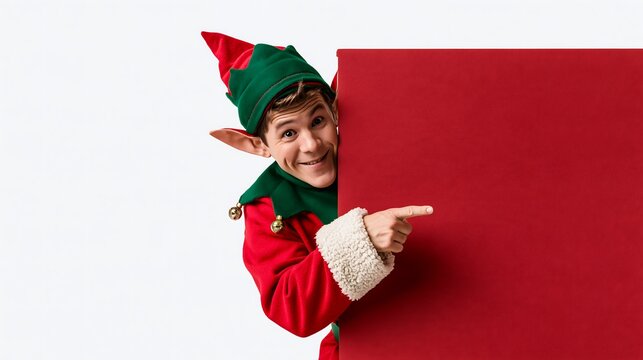 Young man in Christmas elf costume pointing at large red sign banner on white background