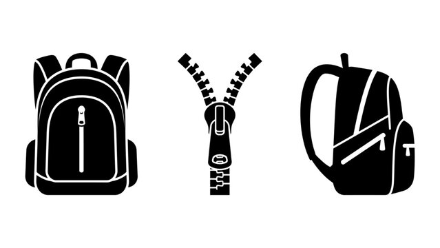 Travel accessories set featuring backpacks and open zipper fastener hardware, black silhouettes of school bags and a metal isolated on white background