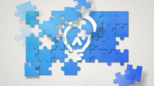 Jigsaw puzzle 40 pieces flying in and locking together into a picture of a bulb icon, on a light background, teamwork and solution concept, 4K