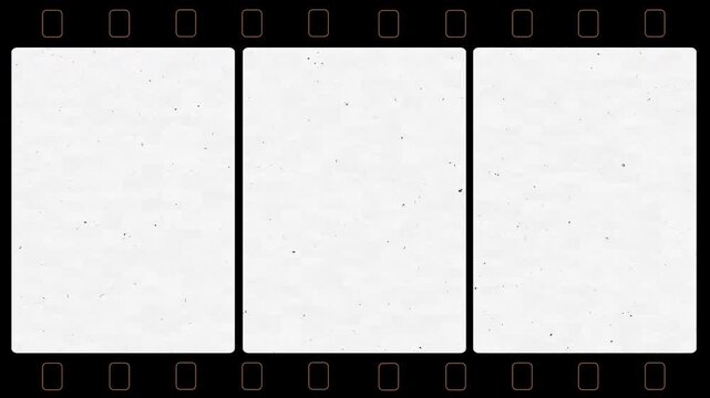 Three vintage film frames in a split screen with sprocket holes and noise on light. Use multiply blend mode to overlay video. Great for retro collages.