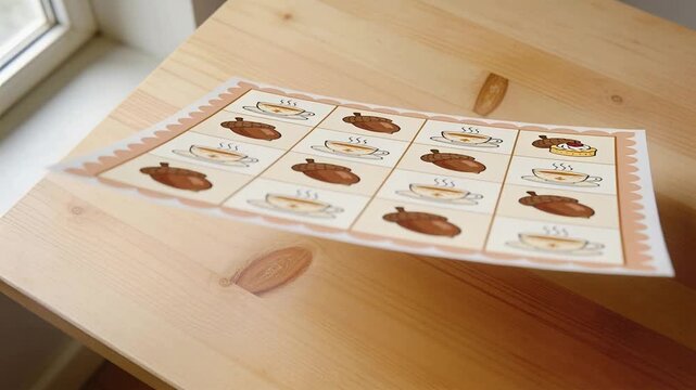 Entering paper smoothing and lifting scallop card to align on wood table near window, teacup icons
