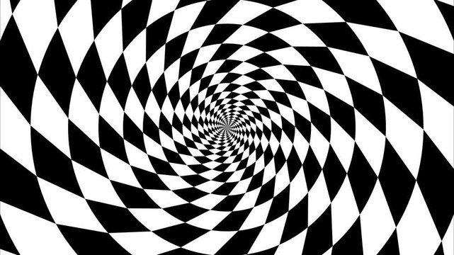 Hypnotic black and white checkerboard spiral whirl animation