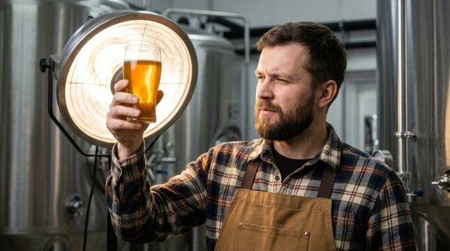 Professional male craft brewer inspecting beer sample in brewery