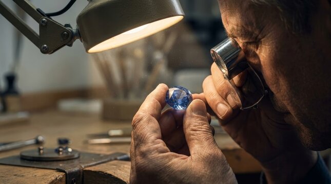 Macro shot of jeweler's hand inspecting gemstone with a loupe