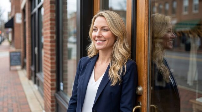 Happy female entrepreneur standing at the entrance of her new boutique