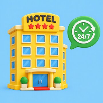 3D illustration of a yellow hotel building with four stars and a 24/7 clock symbol on a blue background