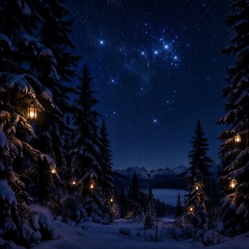 Snow-covered pine forest at night with lanterns illuminating trees and mountains in background under starry sky