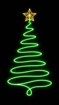 Neon green glowing outline of a Christmas tree with a yellow star on top against a black background