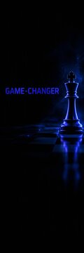 Glowing blue chess king piece on chessboard with game-changer text above