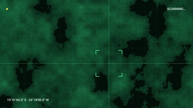 Radar screen displays islands and a target locked with coordinates and scanning progress