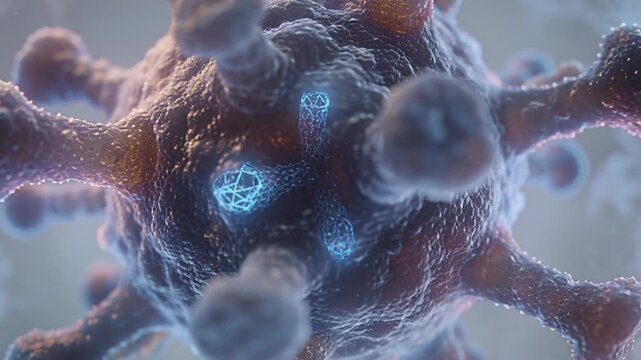 Moving camera focusing on viral particle inside clear chamber, highlighting spikes and core glow