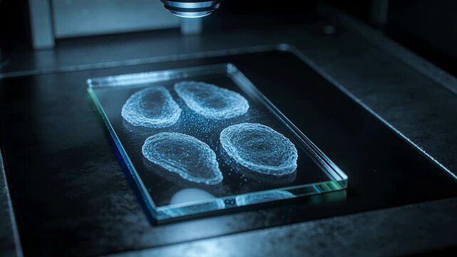Lighting slide, signal fading and showing four ringed spots on metal stage with objective visible