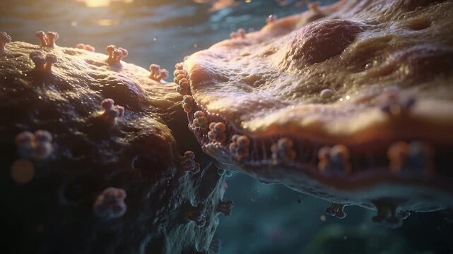 Flowing fluid pushing particle into narrow membrane neck in microspace, membranes closing hiding it