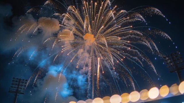 Rising launch trail igniting gold shell exploding above stadium rim at night, floodlights, smoke