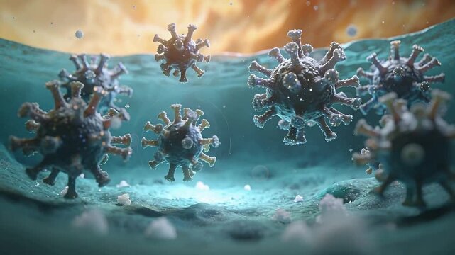 Hovering central spiky virion rotating above teal substrate, fluid flow drawing nearby particles