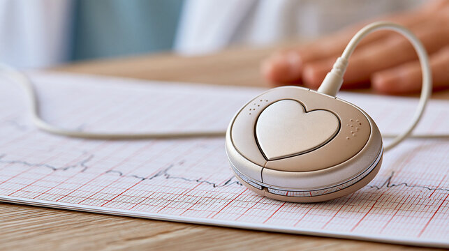 Compact cardiac pacemaker device resting beside electrocardiogram grid paper, clinical still life with soft neutral lighting, cardiac rhythm management, implantable medical