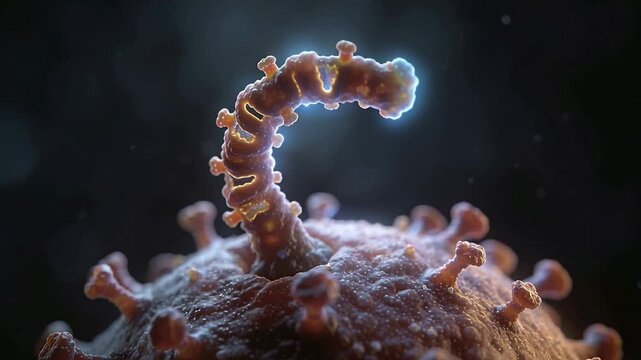 Textured virion starting to send long filament curling upward in microscale CGI with short spikes