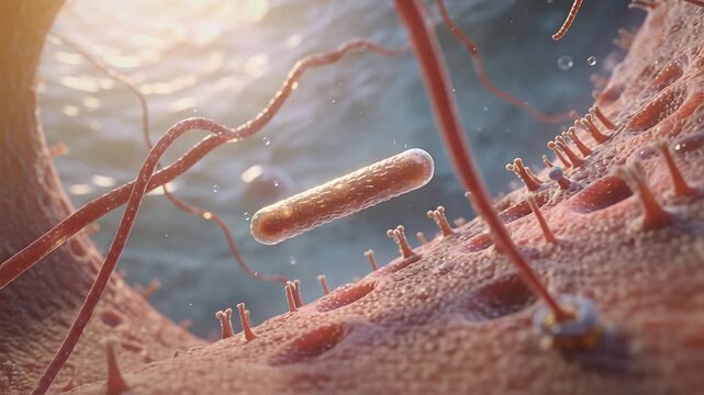 Detaching rod-shaped microbe drifting at mucosal surface, filaments retracting from anchor knobs