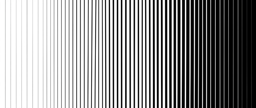 Vertical lines halftone gradient pattern transitioning from thin white space to solid black bars in a clean monochrome geometric style for modern web banners, poster backdrops