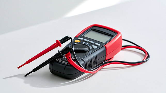 Digital multimeter with red and black probes positioned parallel on a pure white studio background, crisp shadows and realistic surface texture, electrical testing instrument,