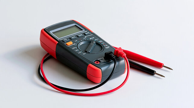 Digital multimeter with red and black probes positioned parallel on a pure white studio background, crisp shadows and realistic surface texture, electrical testing instrument,