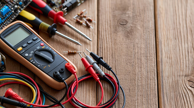 Digital multimeter, insulated screwdrivers, flexible test leads, loose resistors, and disassembled electronic components arranged on a wooden workbench, DIY repair, electronics