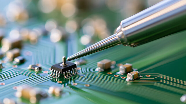Precision probe tips examining a miniature surface-mounted LED on a green circuit board, extreme macro focus on metallic contacts and tiny components, microelectronics quality