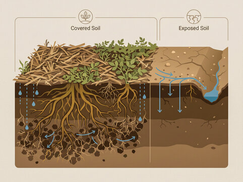Educational infographic diagram comparing covered soil with healthy plant roots and mulch to exposed dry cracked soil with water runoff and erosion