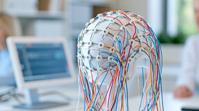 White electroencephalography cap with multicolored electrode leads hanging beside a medical diagnostic monitor, clean clinical laboratory setting, neurological testing equipment,