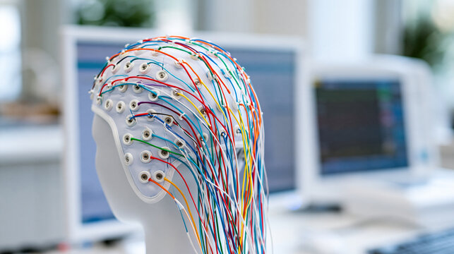White electroencephalography cap with multicolored electrode leads hanging beside a medical diagnostic monitor, clean clinical laboratory setting, neurological testing equipment,