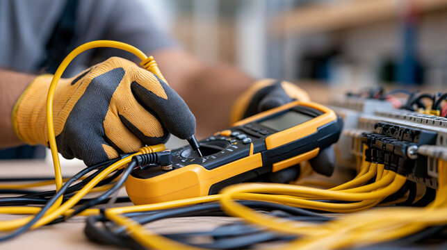 Electrician using a digital multimeter to check electrical power inside a clean industrial workshop, safety gloves, insulated leads, and control equipment visible, electrical