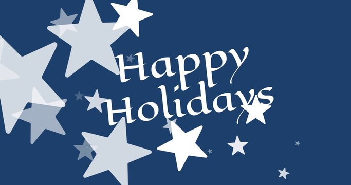 Featuring centered type greeting floating on e-card navy field, with Happy Holidays text and stars