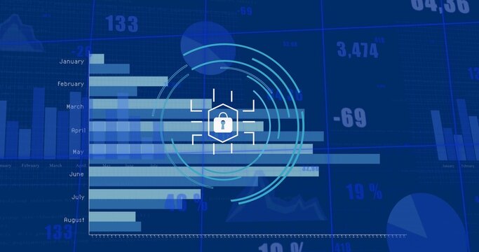 Displaying central lock icon sitting within rings on data dashboard, with bar chart months Jan-Aug