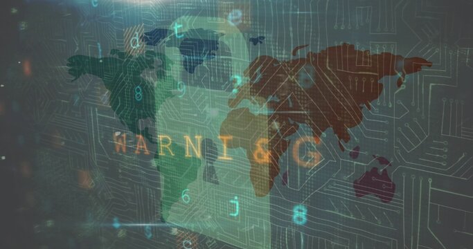 Shielding padlock silhouette overlaying world map in cyber display, with circuit traces, amber text