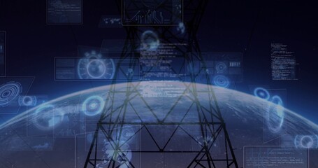 Silhouetting lattice tower rising in orbital view, showing planetary horizon and HUD overlays © vectorfusionart