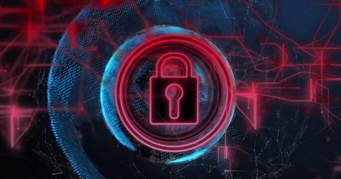 Glowing neon pink padlock icon pulsing inside ringed medallion in cyberspace, with dotted globe