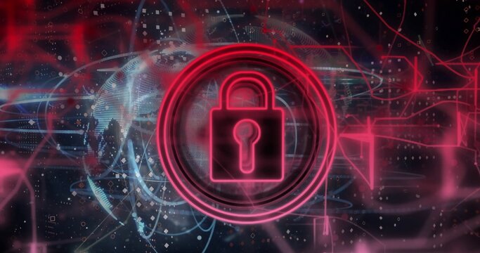 Radiating neon padlock emblem pulsing inside concentric rings in digital network, with globe grid