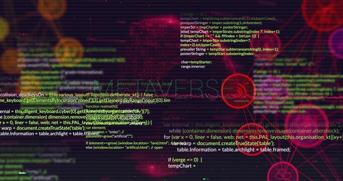 Displaying layered code and network visualization glowing with red HUD targets on dark canvas