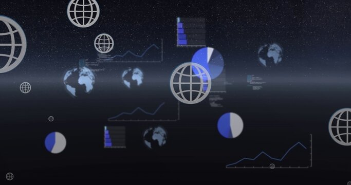 Displaying large wireframe globe icon hovering right of center in starfield HUD, with pie charts
