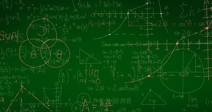 Displaying green chalkboard showing integrals, graphs, unit circle in classroom, white, pink chalk