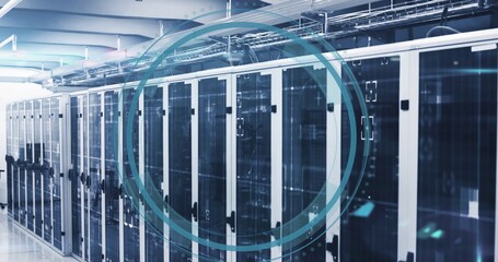 Displaying glass-fronted server racks occupying center aisle in data center, with LED indicators © vectorfusionart