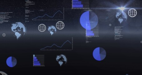 Displaying floating data visuals occupying central band in digital HUD, with globe icons, charts © vectorfusionart