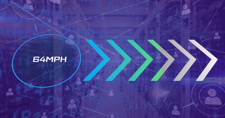 Displaying 64MPH gauge with chevrons moving across data center aisle, showing network nodes © vectorfusionart