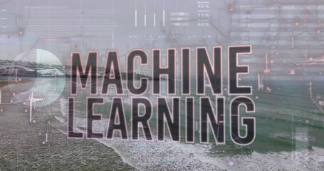 Dominating centered title MACHINE LEARNING overlaying coastal waves, shoreline and cliffs with HUD © vectorfusionart